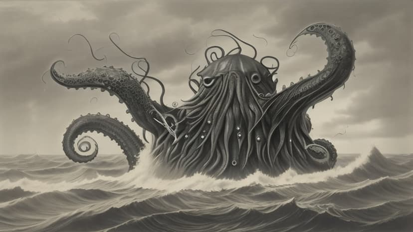 Massive kraken limbs covered in suckers thrash through white foam in a dark, stormy sea with overcast clouds.