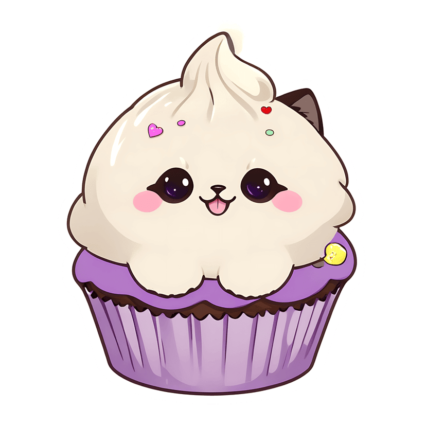 Kitten cupcake sticker featuring white frosting, purple wrapper, and colorful sprinkles with a glossy finish.