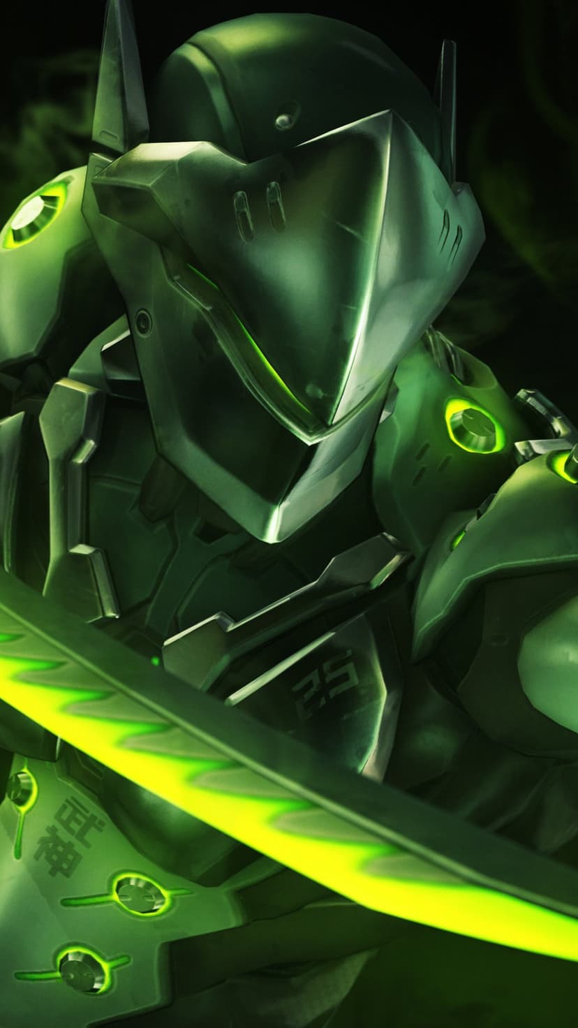Cyborg ninja in green glowing armor holding a katana in a dark, moody close-up mobile wallpaper scene.