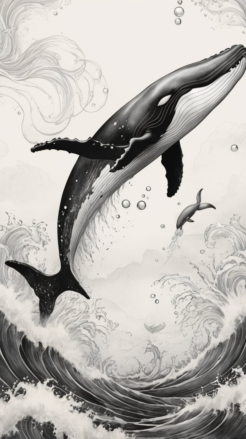 A large whale breaching from churning waves with white spray and bubbles against a dark, moody background.