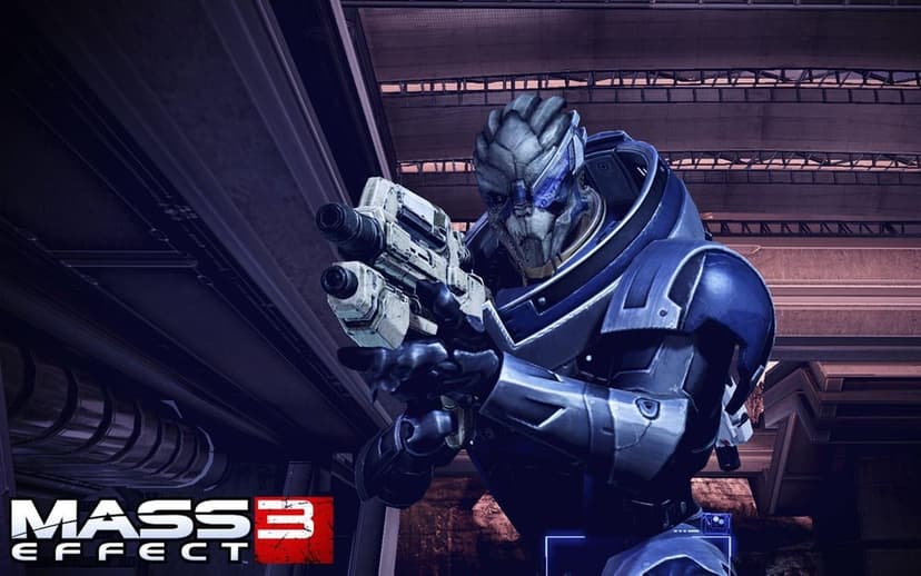 Garrus Vakarian aims a white rifle wearing blue armor and a glowing visor in a dark industrial sci-fi setting.