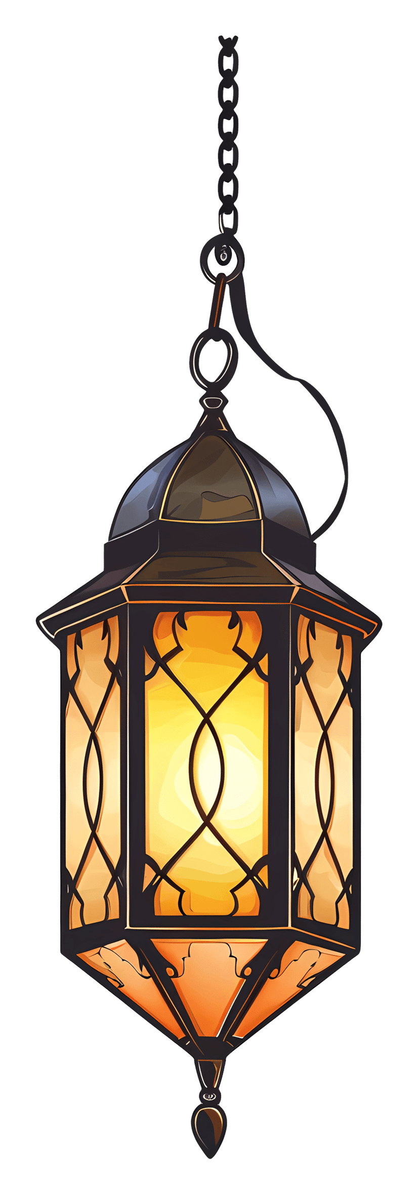 Vintage metal lantern with warm amber glow emits soft light against a transparent background for design projects.