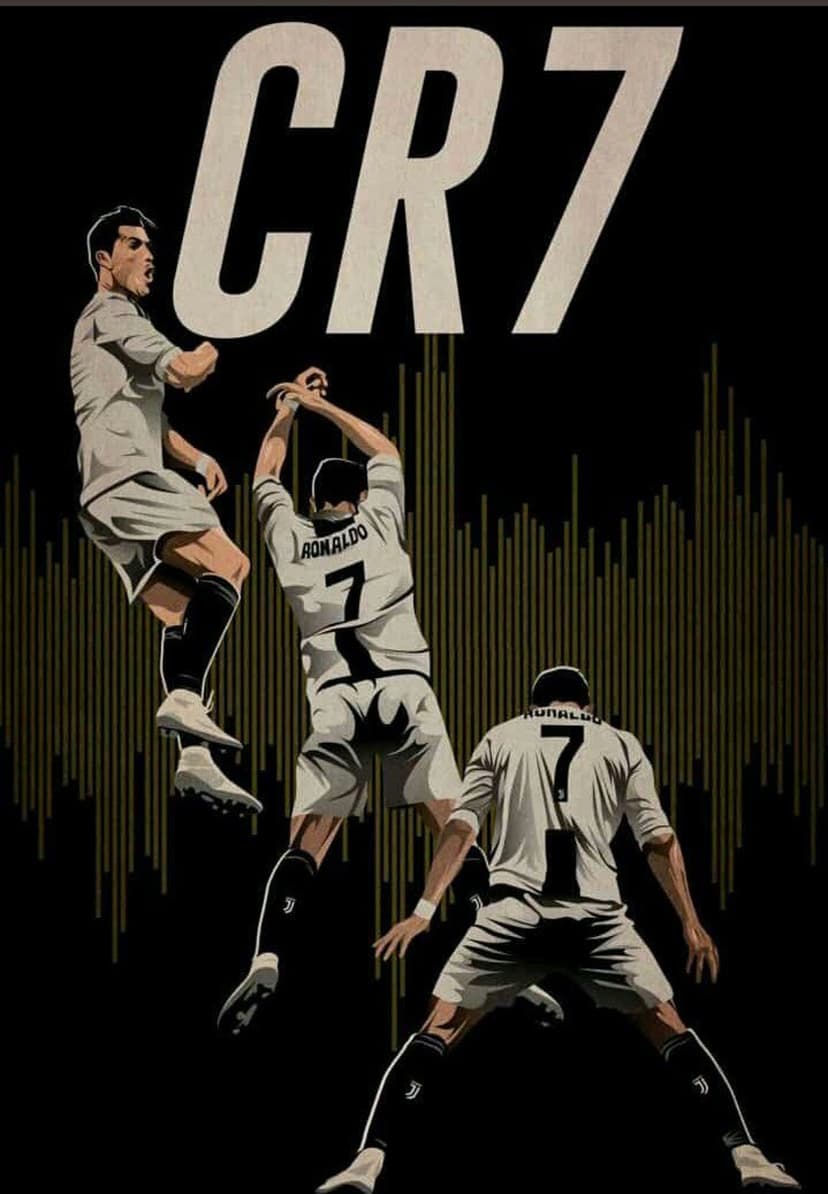 Cristiano Ronaldo in a white Juventus kit jumps and celebrates amidst golden lines on a black background.