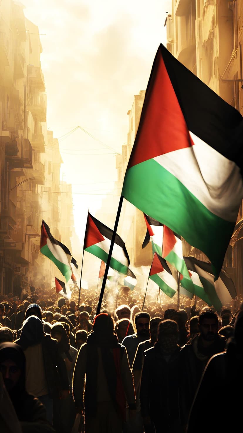 Palestinian flags rise above a dense crowd of protesters marching through a sunlit narrow city street.