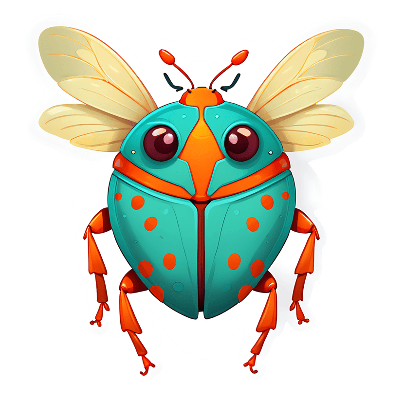 Teal beetle sticker with orange spots and translucent yellow wings features a glossy volumetric 3D style.