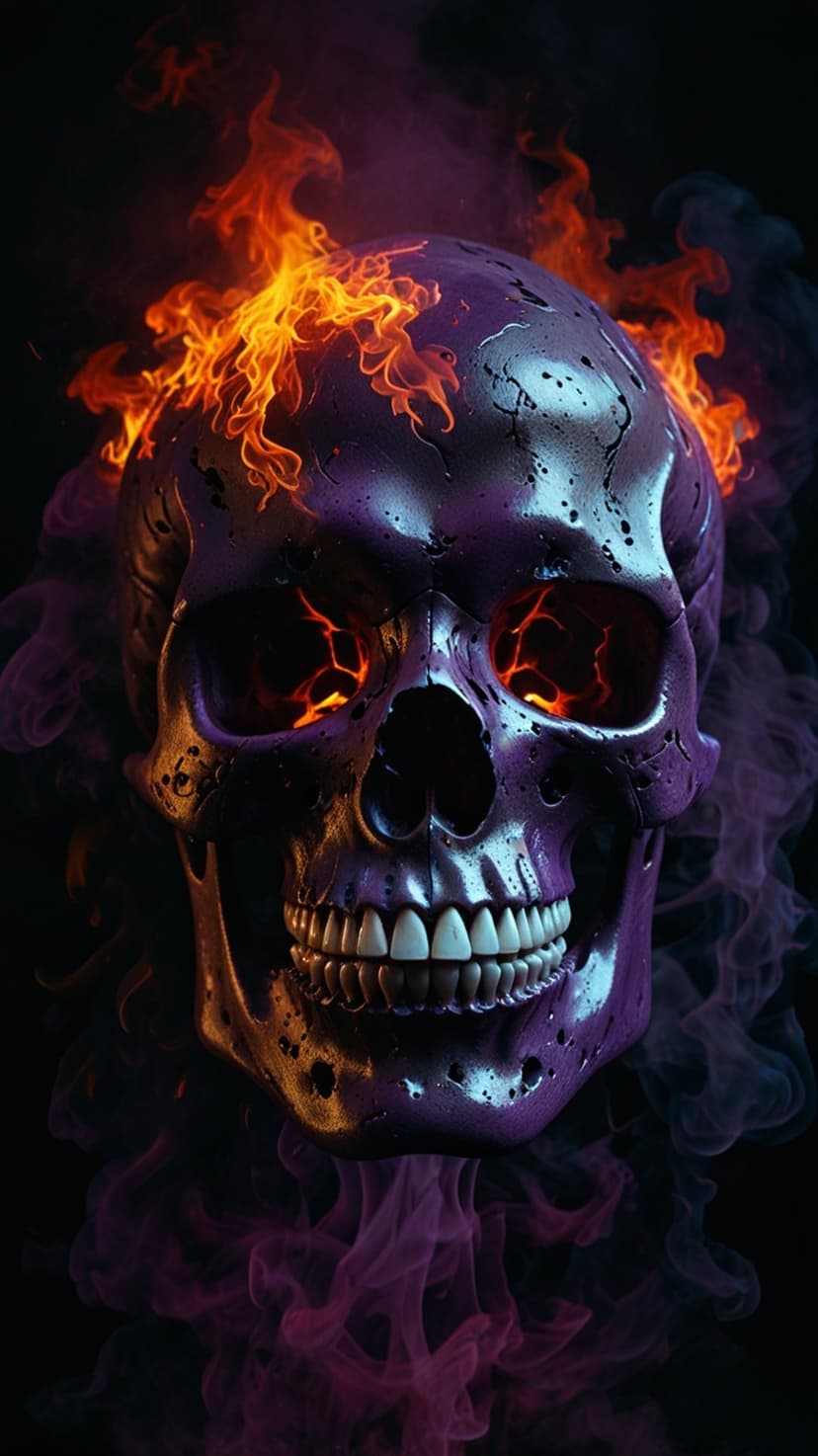 Purple skull with glowing orange eyes surrounded by violet flames and swirling smoke on a dark background.