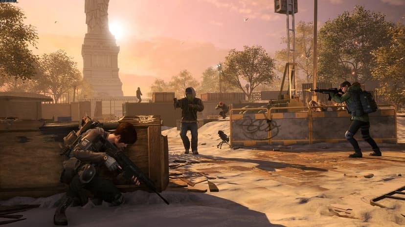 Tactical agents in combat gear engage enemies in a snowy courtyard with the Statue of Liberty at sunset.