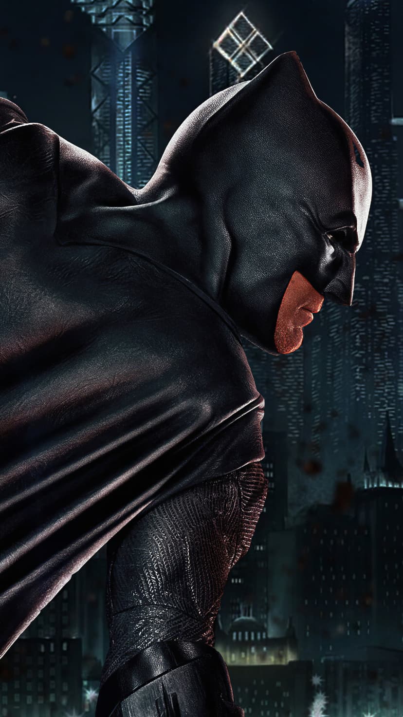 Batman in a textured black cowl stares over a dark, glowing Gotham City skyline with rain-slicked urban details.
