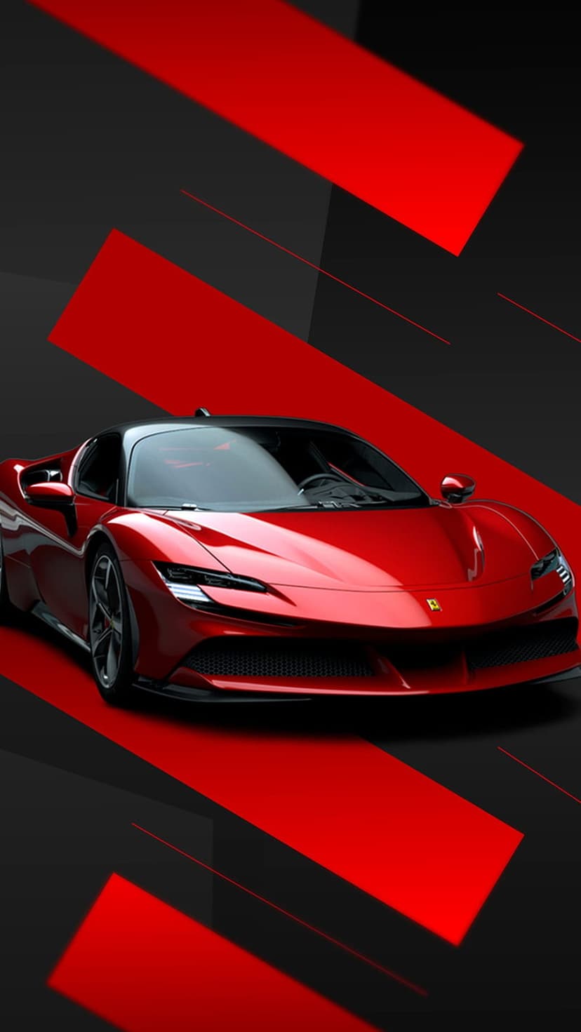 Ferrari SF90 Stradale in bright red parked against a dark gray and red abstract geometric striped background.