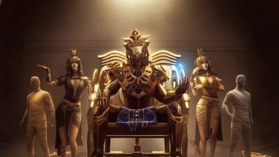Pharaoh on Throne with Egyptian Figures and Mummies
