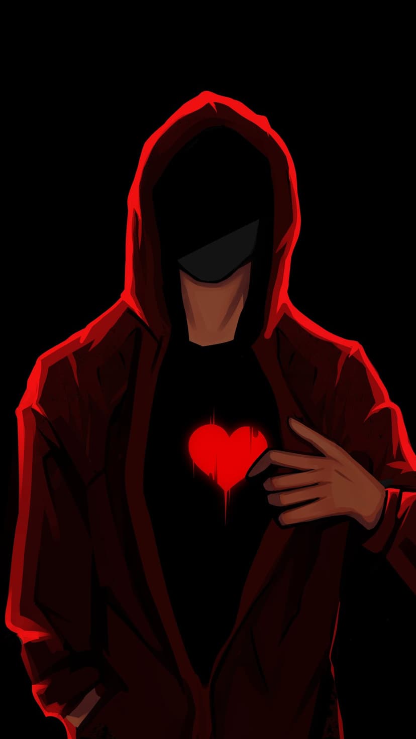 Hooded person in a red sweatshirt touching a glowing, liquid red heart against a pitch black background.