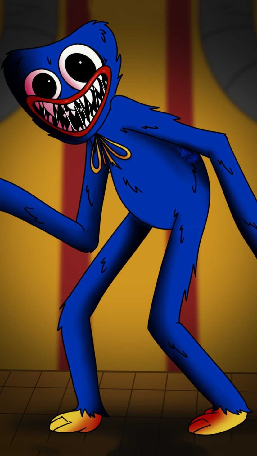 Blue furry monster with a wide toothy grin and long limbs against a yellow and red striped background.