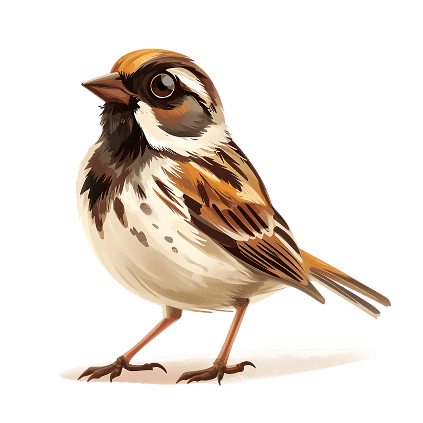 Sparrow illustration with brown wings and beige breast feathers standing on a light surface in profile view.