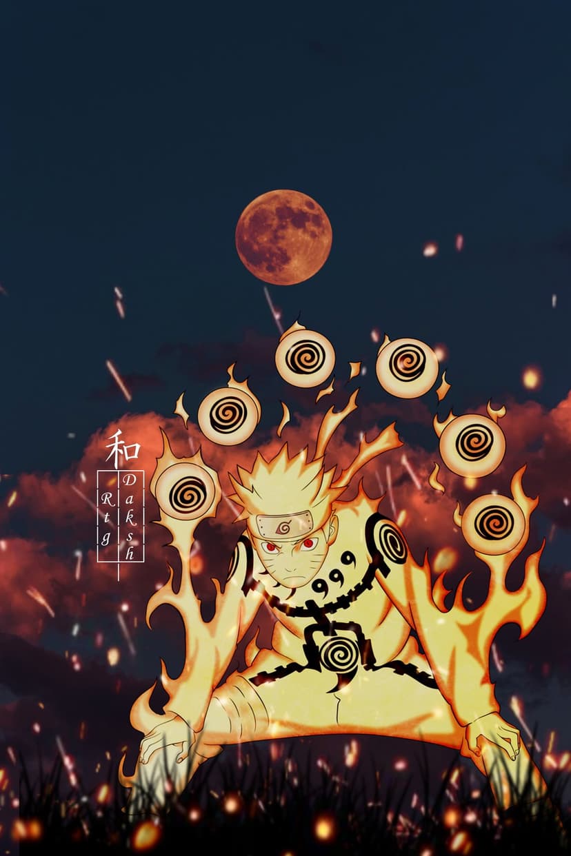 Naruto Uzumaki in glowing orange chakra mode stands before a blood moon with floating orbs and fiery tails.