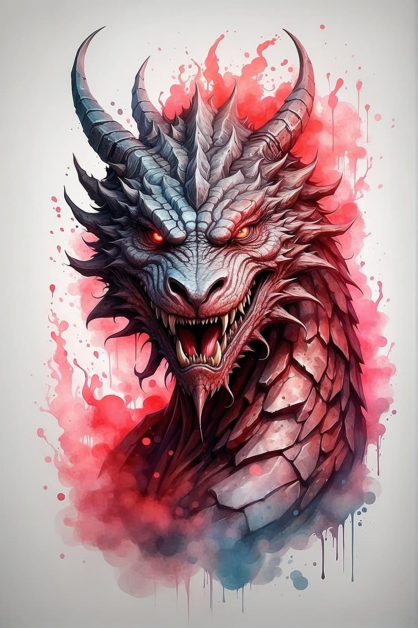 Dragon head with glowing red eyes and detailed scales amidst vibrant blue and red watercolor paint splatters.