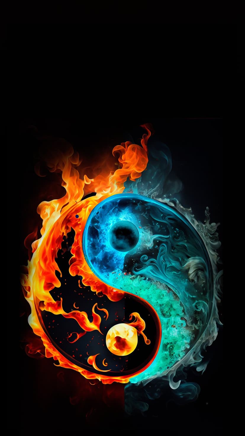 Yin Yang symbol split between roaring orange flames and flowing blue water swirls against a dark background.
