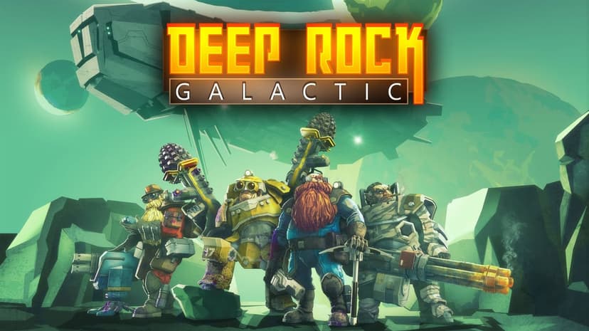 Deep Rock Galactic dwarves with mining tools and weapons stand before a spaceship on a green misty planet.