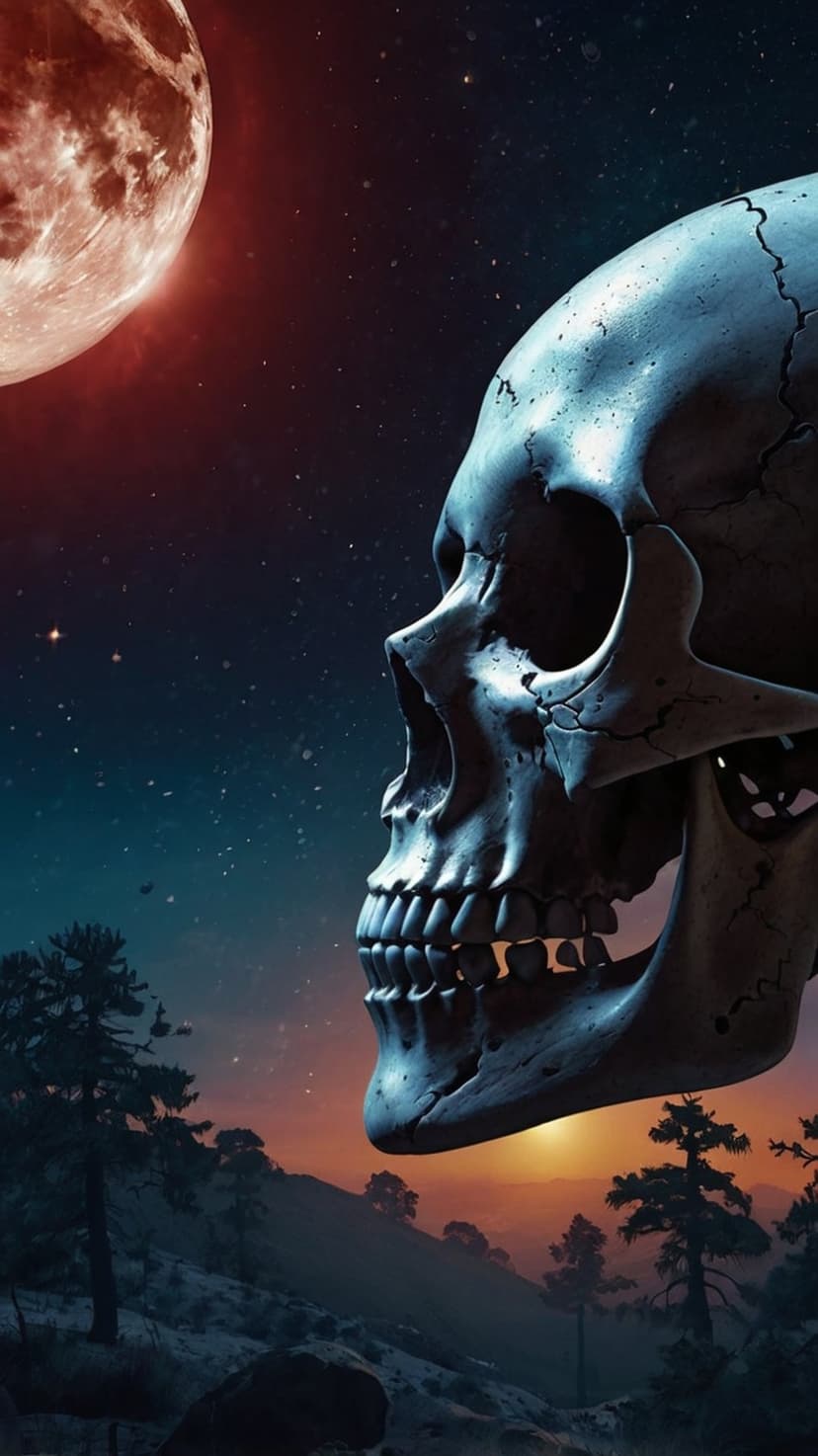 Weathered human skull in front of a giant red moon and silhouetted mountain peaks under a starry night sky.
