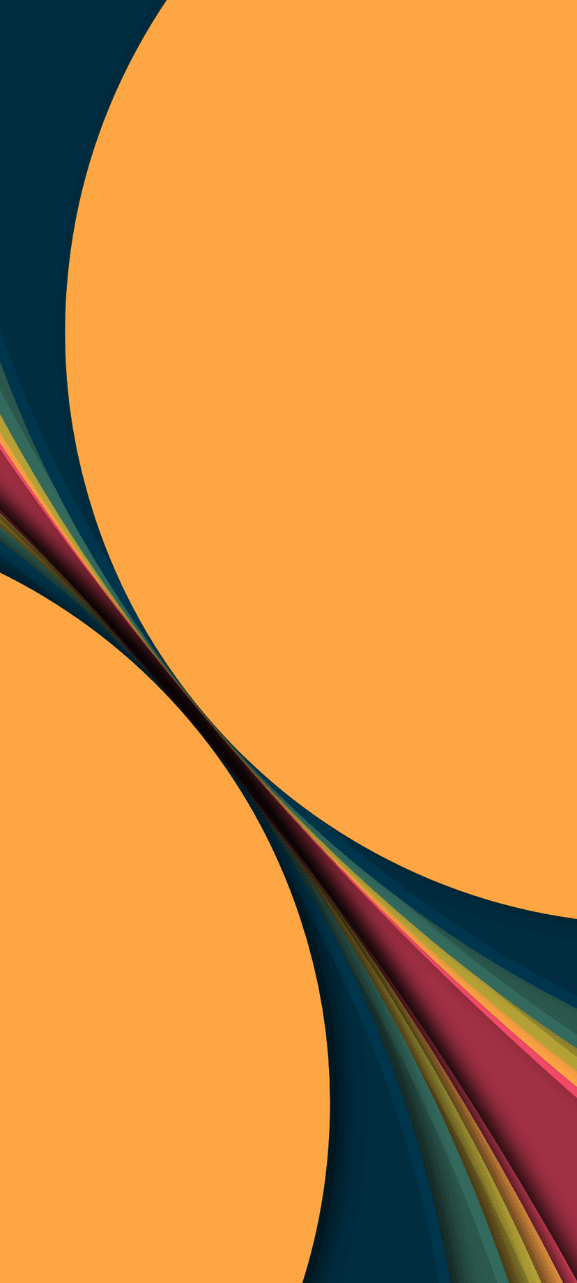 Swirling bands of teal, orange, and pink fluid shapes intertwine in a vibrant vertical abstract composition.