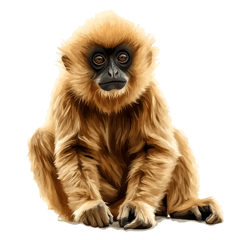 Gibbon primate sitting with light brown fluffy fur and dark facial features against a solid black background.