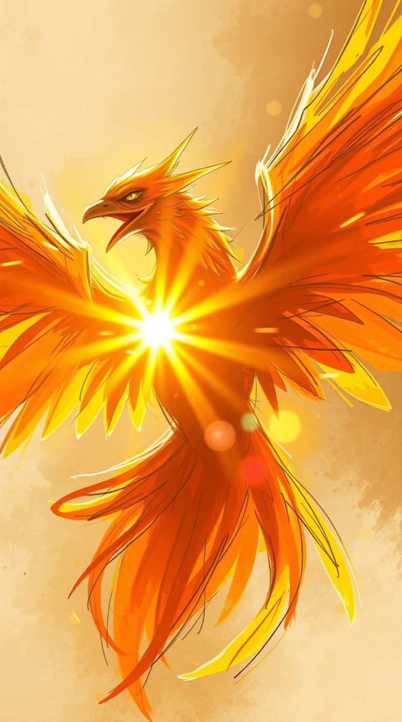 Phoenix with glowing orange wings and a white light at its chest soaring against a golden hazy background.
