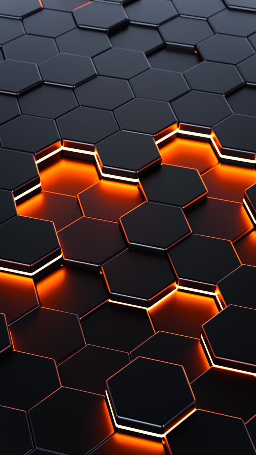 Dark glossy hexagons with vibrant orange light glowing from the crevices in a geometric honeycomb pattern.