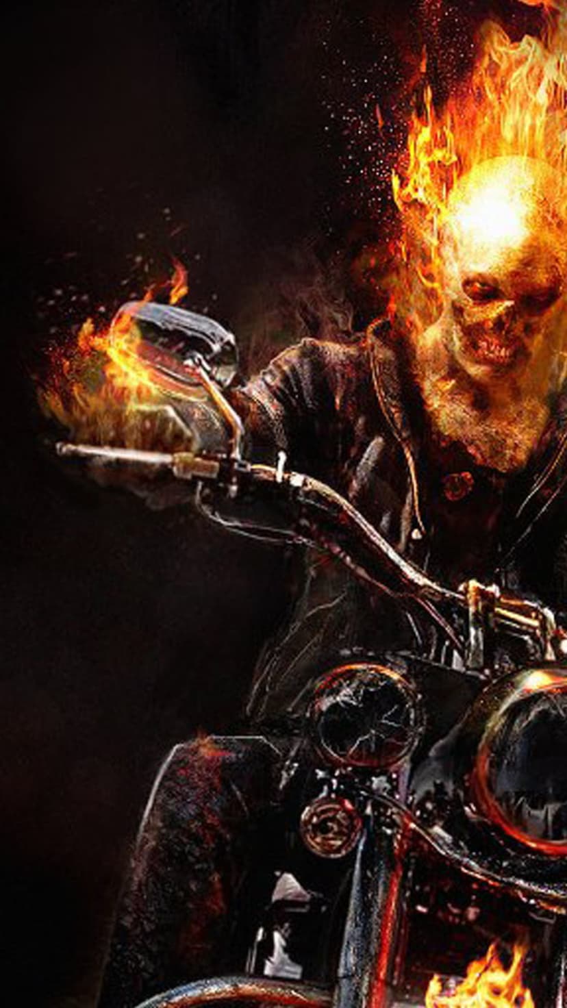 Ghost Rider’s flaming skull glows intensely as he sits on a skeletal motorcycle amidst orange sparks and embers.