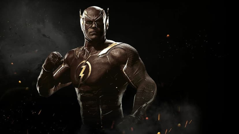 The Flash in a dark maroon suit with gold lightning accents standing against a smoky black background with embers.