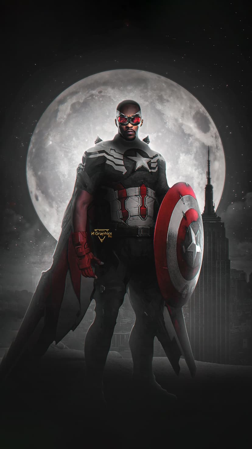 Sam Wilson as Captain America stands with a shield before the Empire State Building under a massive full moon.