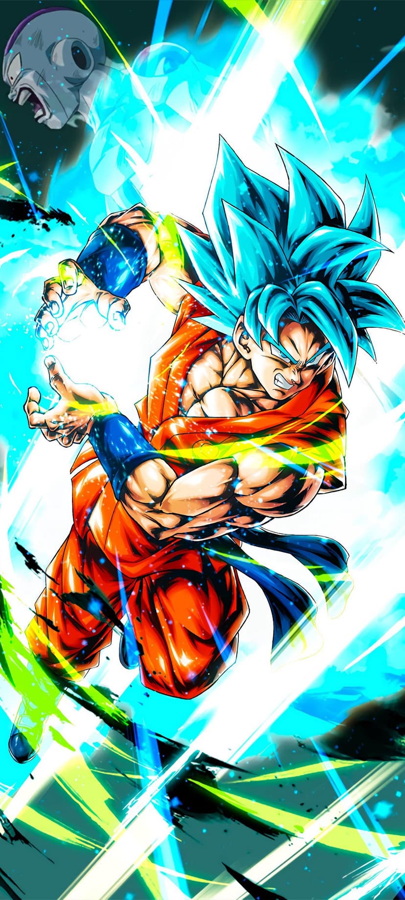 Goku in Super Saiyan Blue form fires a ki blast at Jiren amidst glowing blue energy and sparks of light.