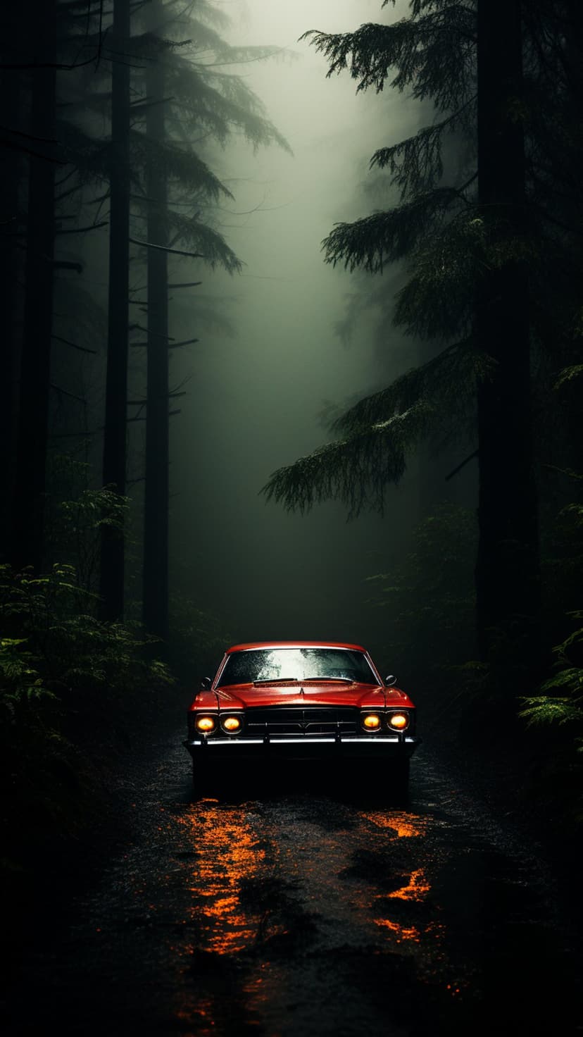 Red vintage car with glowing headlights drives on a wet forest road surrounded by misty pine trees at night.