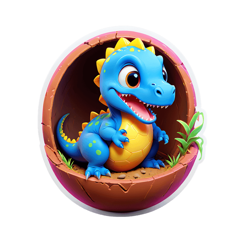 Blue dinosaur 3d render sits inside a cracked brown eggshell on green grass with a bright yellow belly.