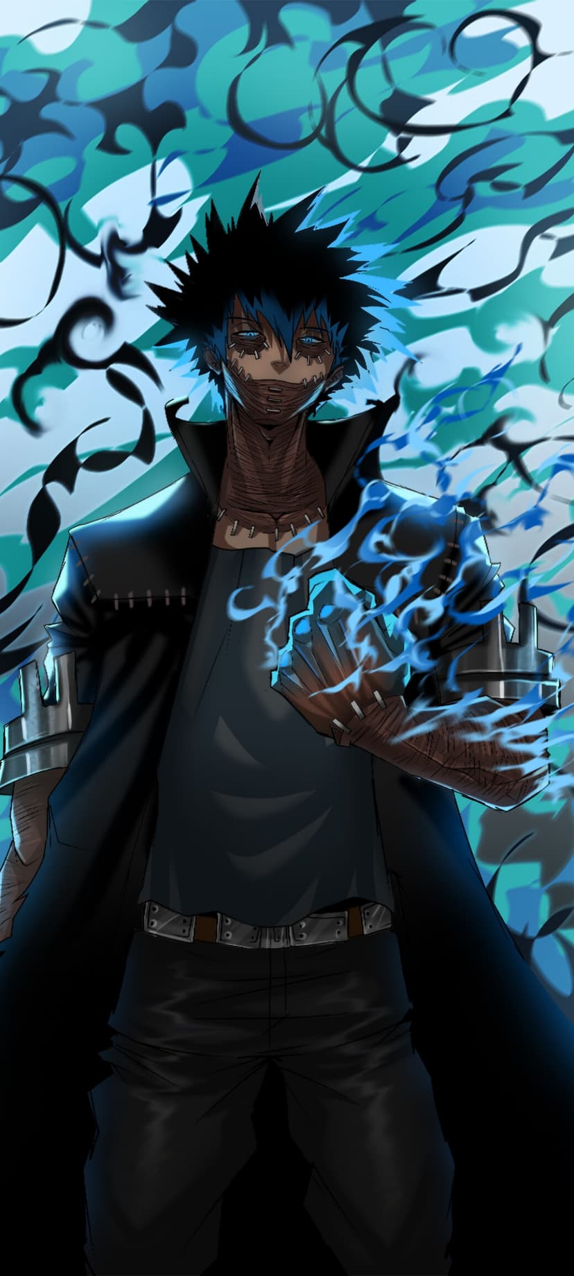 Dabi manipulates crackling blue fire from his hands against a swirling teal and navy abstract backdrop.