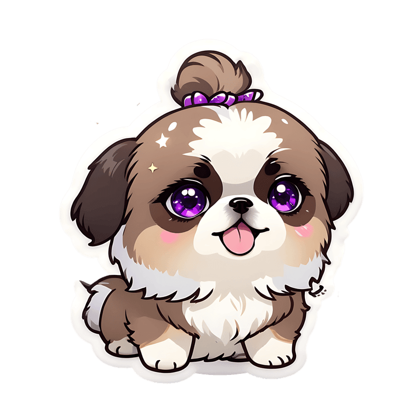 Shih tzu puppy sticker illustration with purple eyes and bow featuring brown white fluffy fur on white outline.