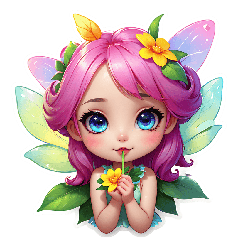 Chibi fairy sticker with pink hair and blue eyes holds a yellow flower against a clean white outline.