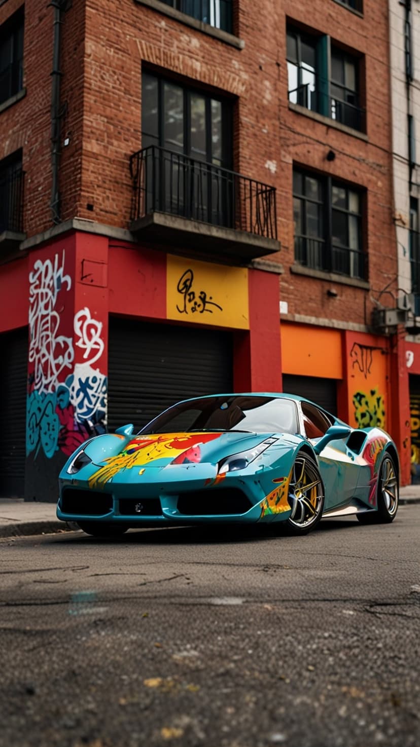 Turquoise Ferrari covered in colorful graffiti art parked beside a red brick building on a city street scene.