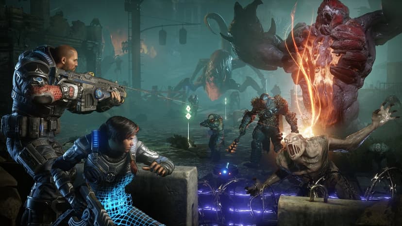 Gears soldiers in futuristic armor battle a giant red monster and swarm enemies in a ruined city with blue light.