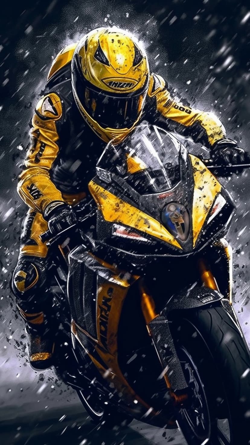 Motorcyclist in a yellow racing suit leans on a black sportbike while snow particles fall in a sharp turn.