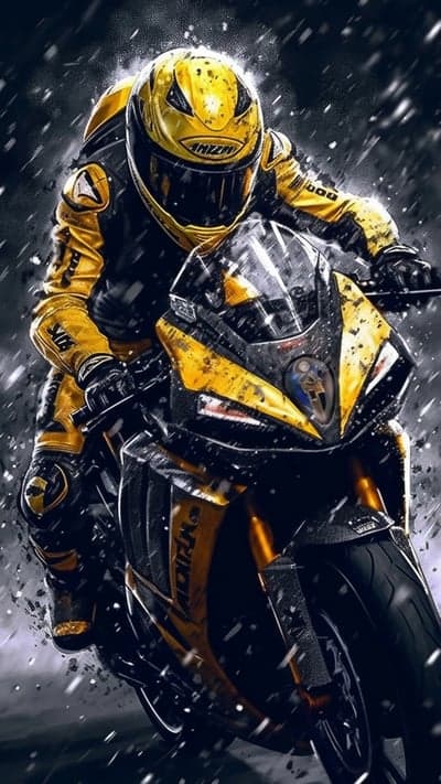 Yellow Racing Motorcyclist Speeding Through Snow Background