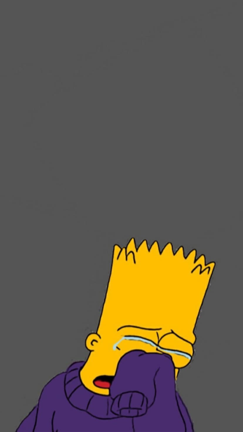 Bart Simpson cries with hands over his eyes against a solid grey background in a vertical animated composition.