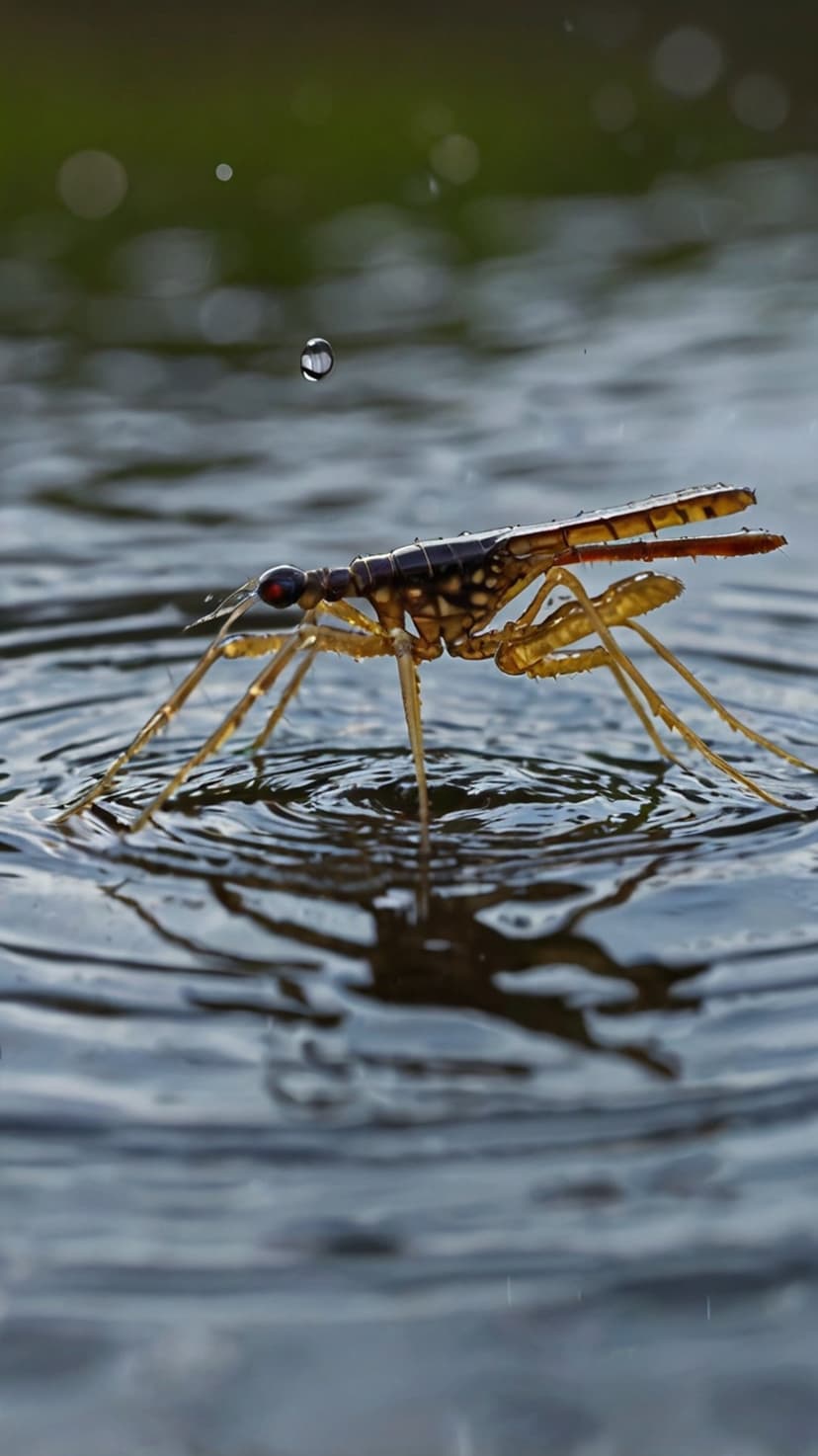 Water strider insect balances on dark rippling pond water below a single suspended moisture droplet.