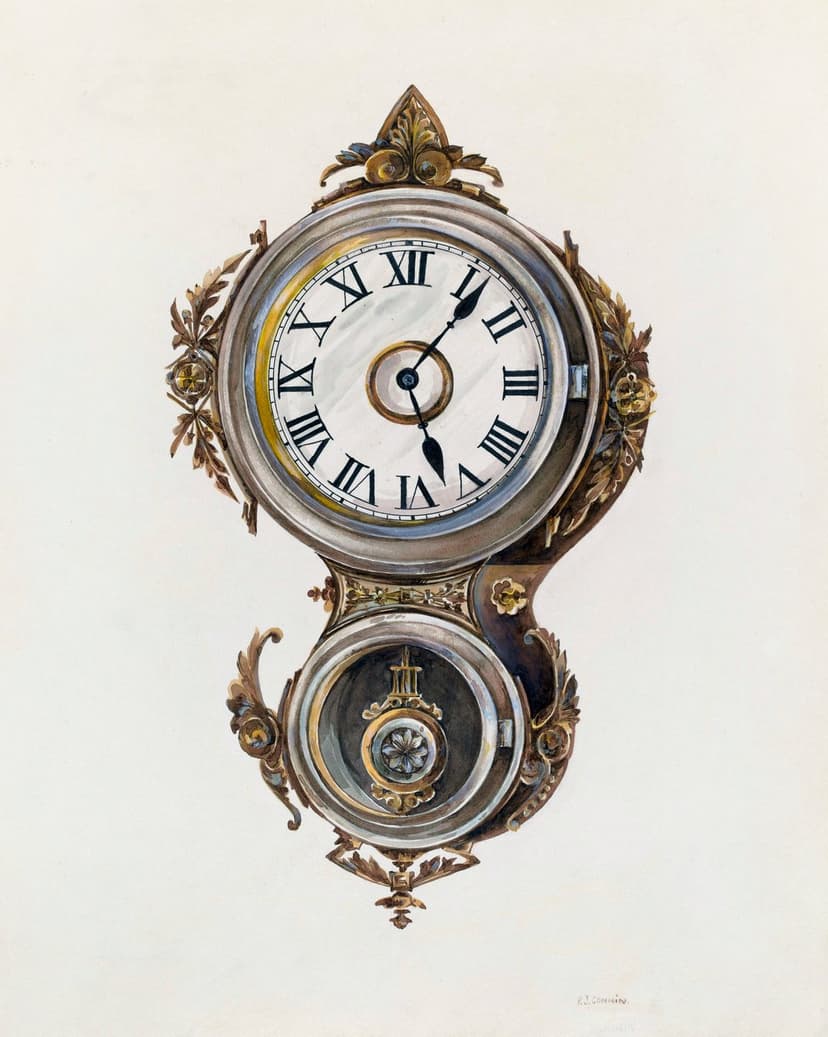 Ornate gold wall clock with Roman numerals and floral scrollwork sits above a decorative metallic pendulum.