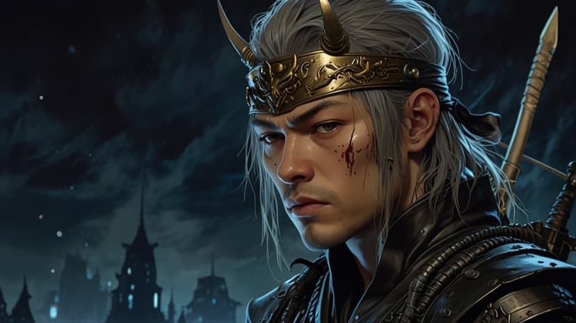 Battle-scarred warrior with long grey hair wearing a golden dragon headband against a dark atmospheric cityscape.