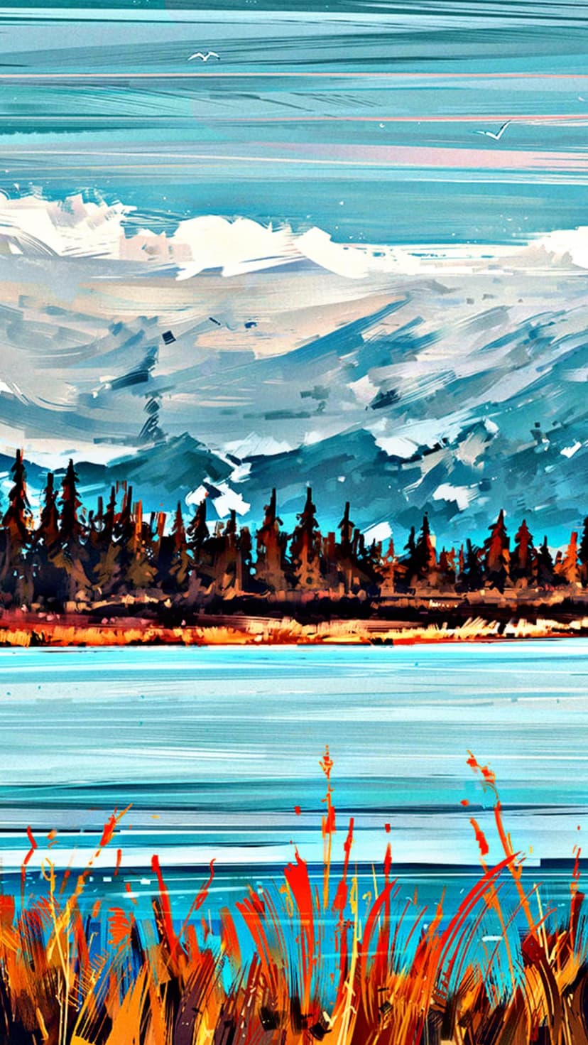 Vibrant reeds foreground a serene blue lake with snowy mountain peaks and distant birds in a cloudy sky.