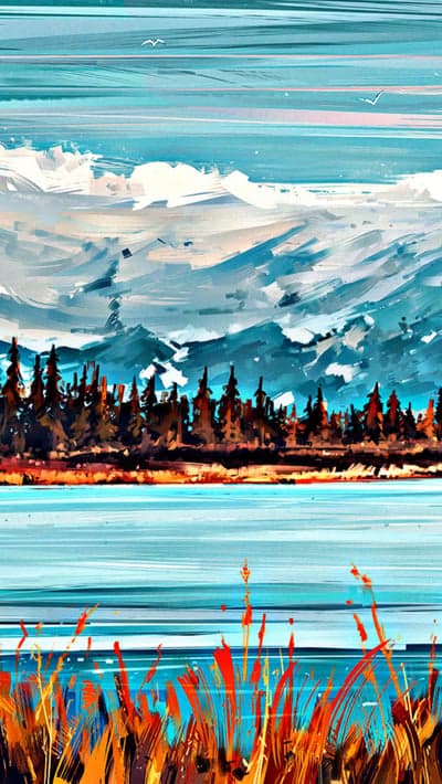 Impressionistic Lakeside Landscape with Mountains and Reeds