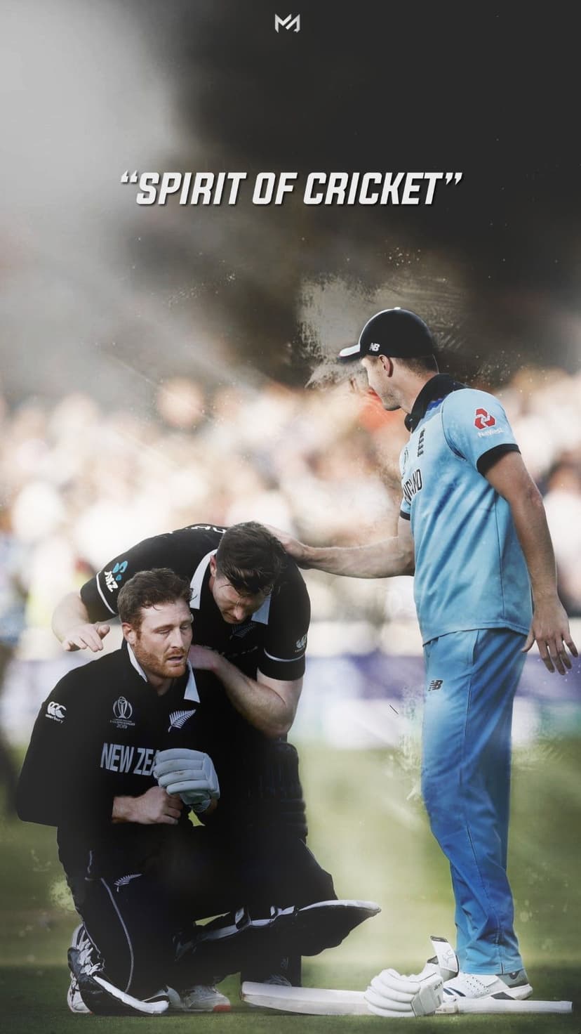 English cricketer in blue comforts two New Zealand players on a stadium field under Spirit of Cricket text.
