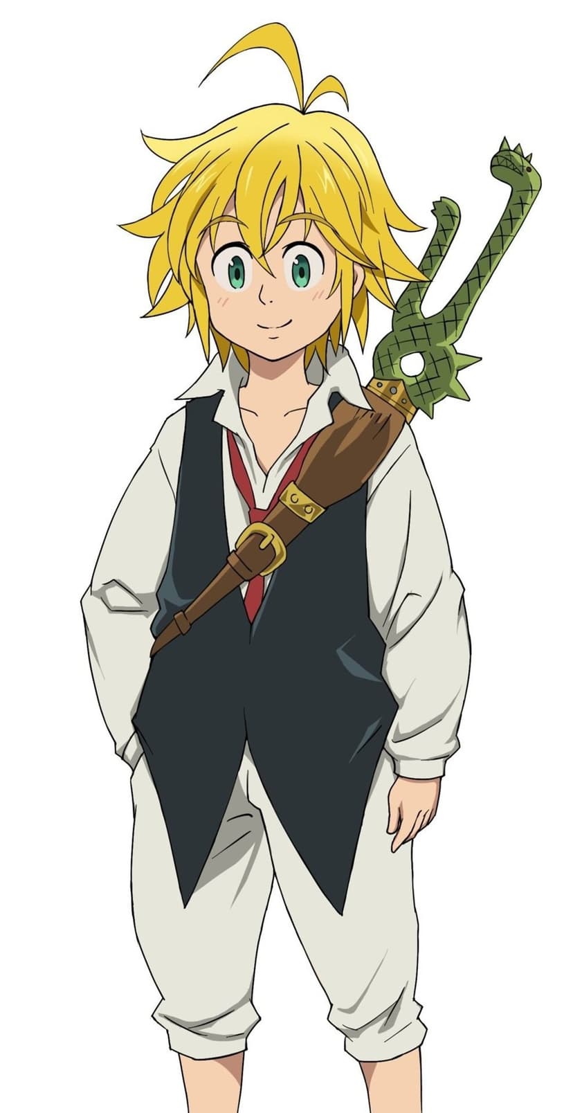 Meliodas with blonde hair and green eyes carries his dragon-shaped sword over a shoulder in a confident pose.