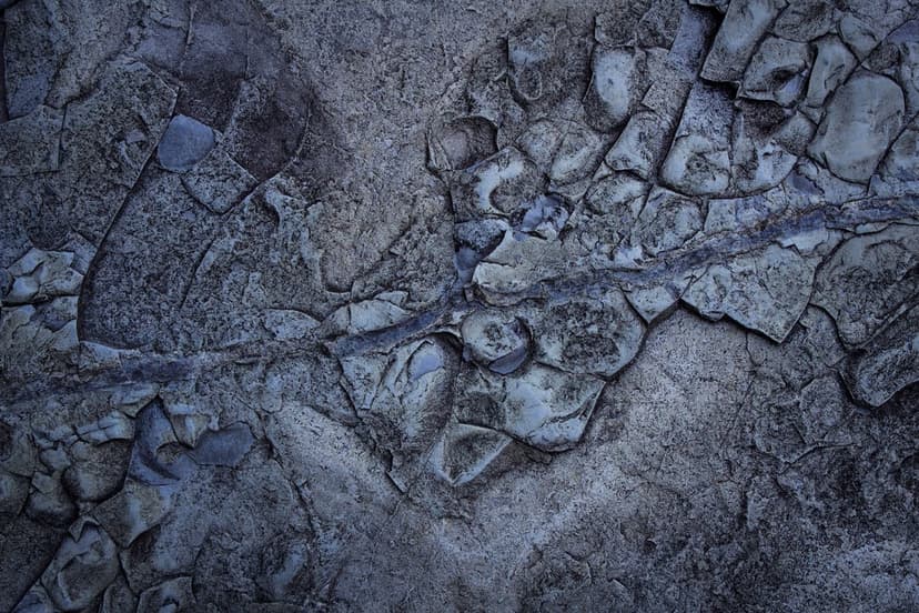 Deep blue and gray rock fissures show jagged cracks and weathered mineral textures in a vertical close-up shot.
