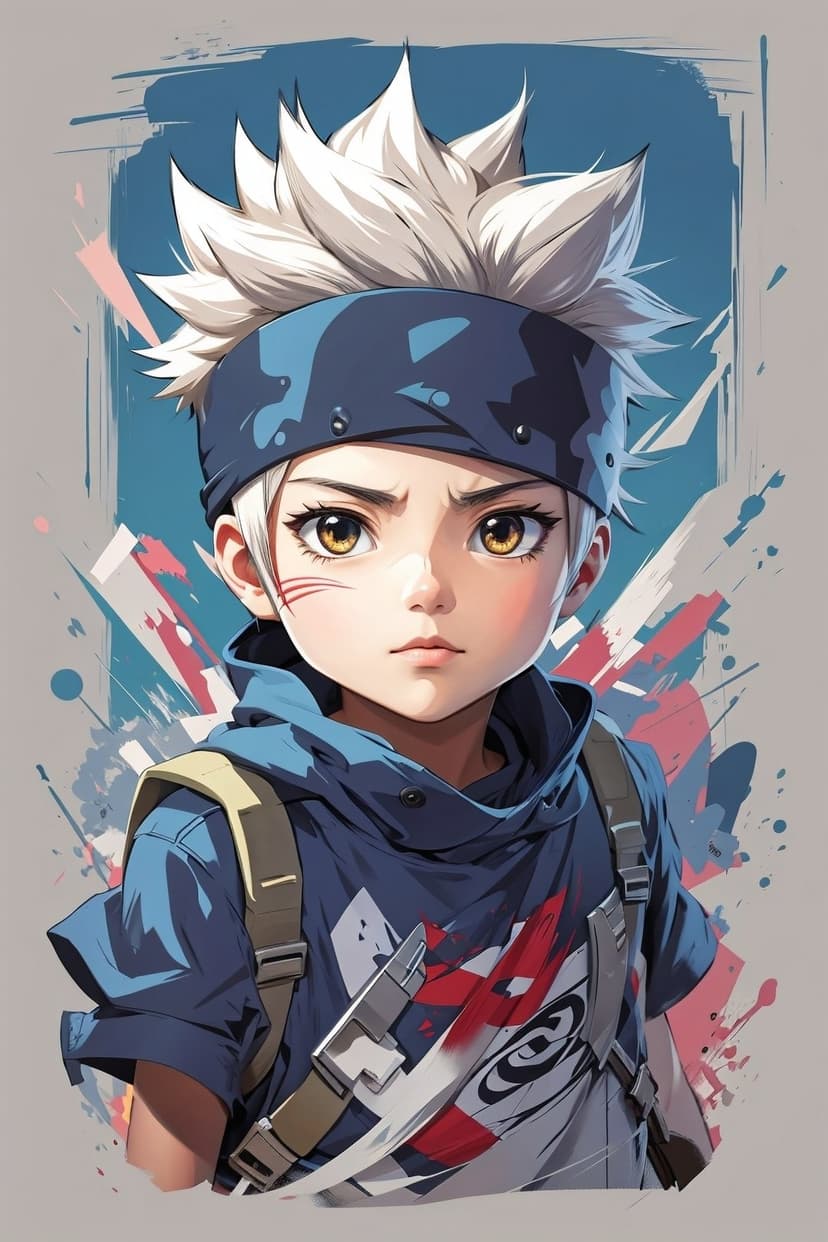 Boy with spiky white hair, a blue headband, and gold eyes stands before a backdrop of vibrant paint splashes.