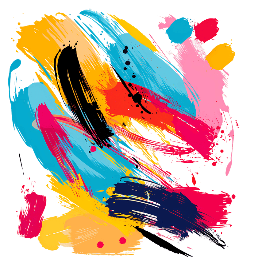 Vibrant acrylic paint strokes overlap in a textured abstract composition featuring bold primary color splatters.